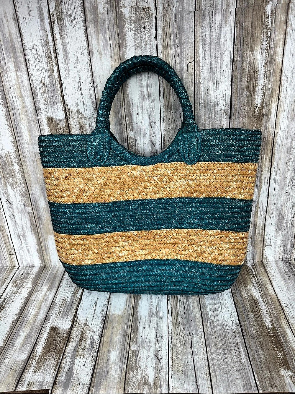 Ralph Lauren Striped Woven Tote in Blue & Tan